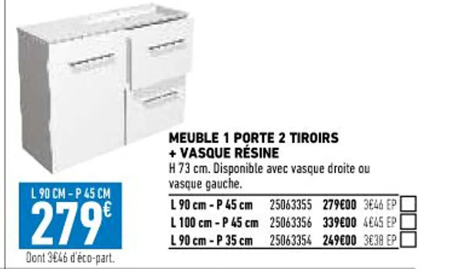 Promo Meuble 1 Porte 2 Tiroirs + Vasque Résine chez Brico Cash