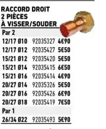 Brico Cash Raccord Droit 2 Pièces à Visser/Souder offre