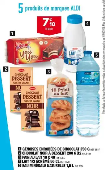 ALDI Génoises enrobées de chocolat 350 g, chocolat noir à dessert 200g x2, pain au lait 10x40, lait 1/2 écremé 50 cl, eau minérale offre