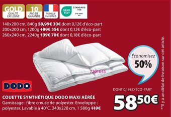 JYSK Couette Synthétique Dodo Maxi Aérée offre