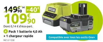 Mr Bricolage Ryobi pack 1 batterie 4,0 ah + 1 chargeur rapide rc18120-140x one+ offre