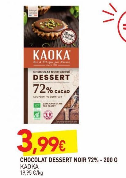 naturéO Chocolat dessert noir 72% 200g offre