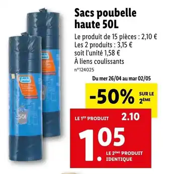 Lidl Sacs poubelle haute 50L offre
