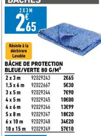 Brico Cash Bâche De Protection Bleue/Verte 80 G/M offre