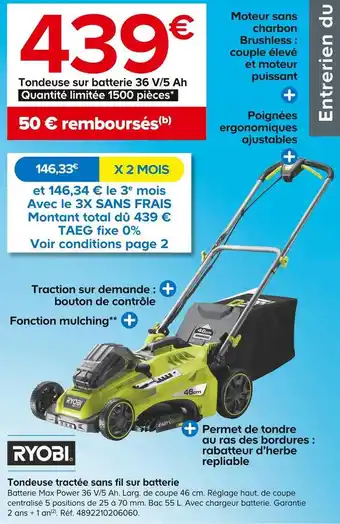 Castorama Ryobi tondeuse tractée sans fil sur batterie offre