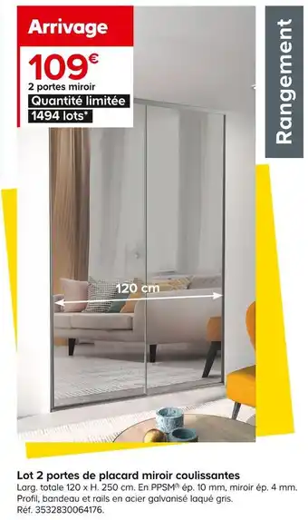 Castorama Lot 2 portes de placard miroir coulissantes offre