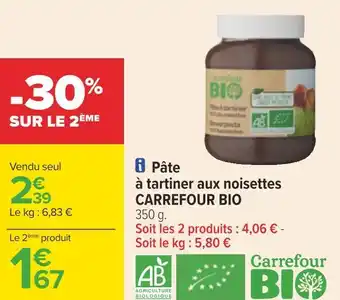Carrefour Carrefour bio pâte à tartiner aux noisettes offre