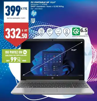 Bureau Vallée Hp pc portable 15,6” offre