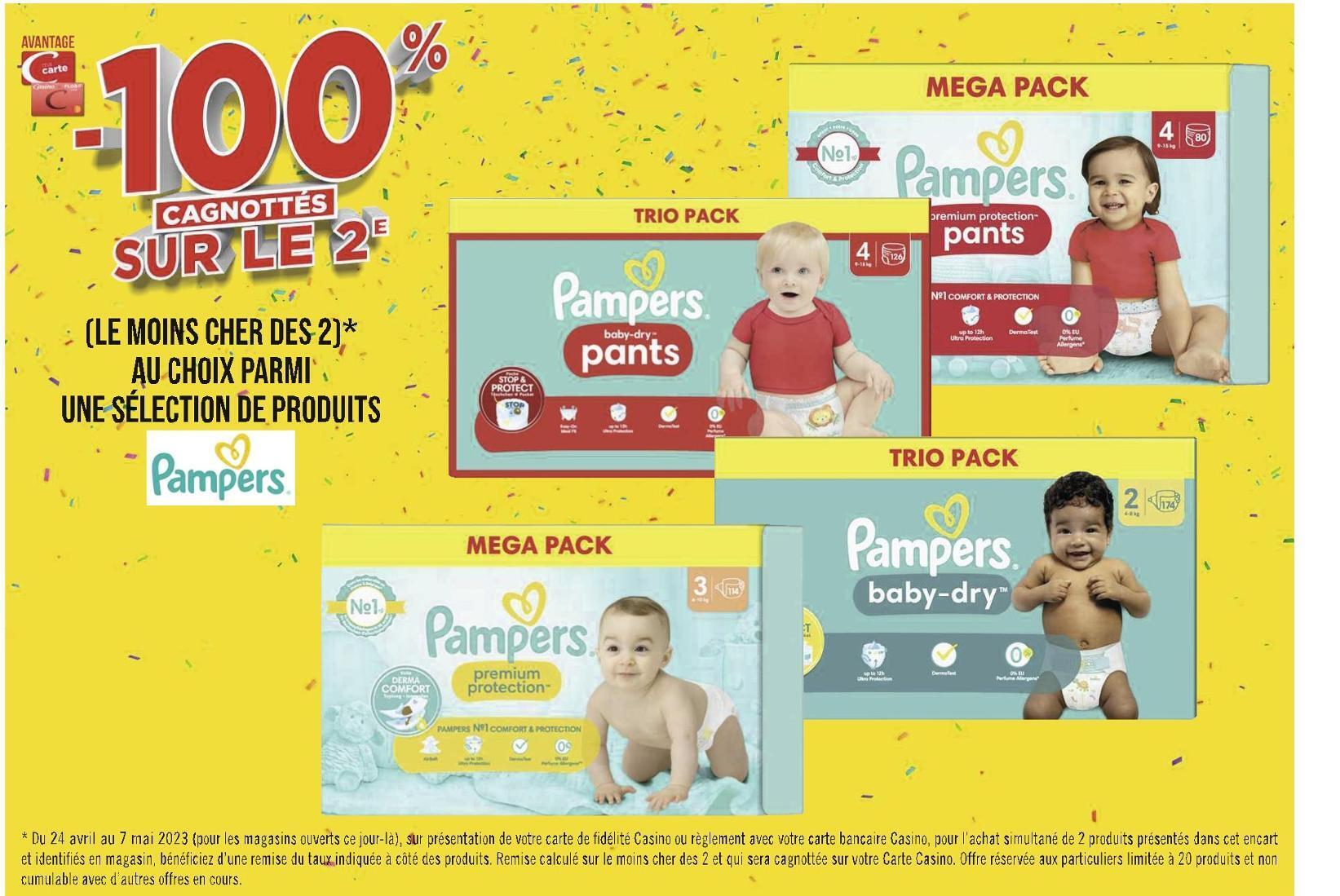 Promo Pampers 100 sur le 2e au choix parmi une sélection de produits pampers chez Casino