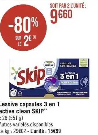 Casino Supermarchés Lessive capsules 3 en 1 active clean SKIP** offre