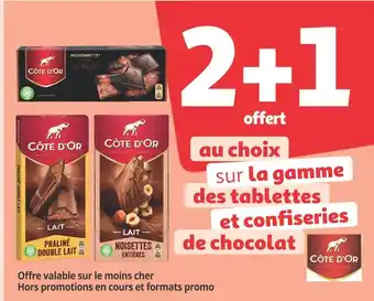 Auchan Supermarché Côte d'or 2+1 offert au choix sur la gamme des tablettes et confiseries de chocolat côte d'or offre