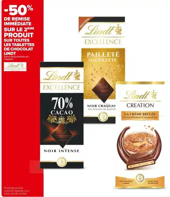 Carrefour Market Lindt -50% de remise immédiatesur le 2ème produit sur toutes les tablettes de chocolat lindt offre