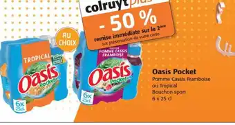 Colruyt Oasis Pocket Pomme Cassis Framboise ou Tropical Bouchon sport offre
