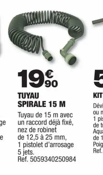 Brico Dépôt TUYAU SPIRALE 15 M Tuyau de 15 m avec un raccord déjà fixé, nez de robinet de 12,5 à 25 mm, 1 pistolet d'arrosage 5 jets. offre
