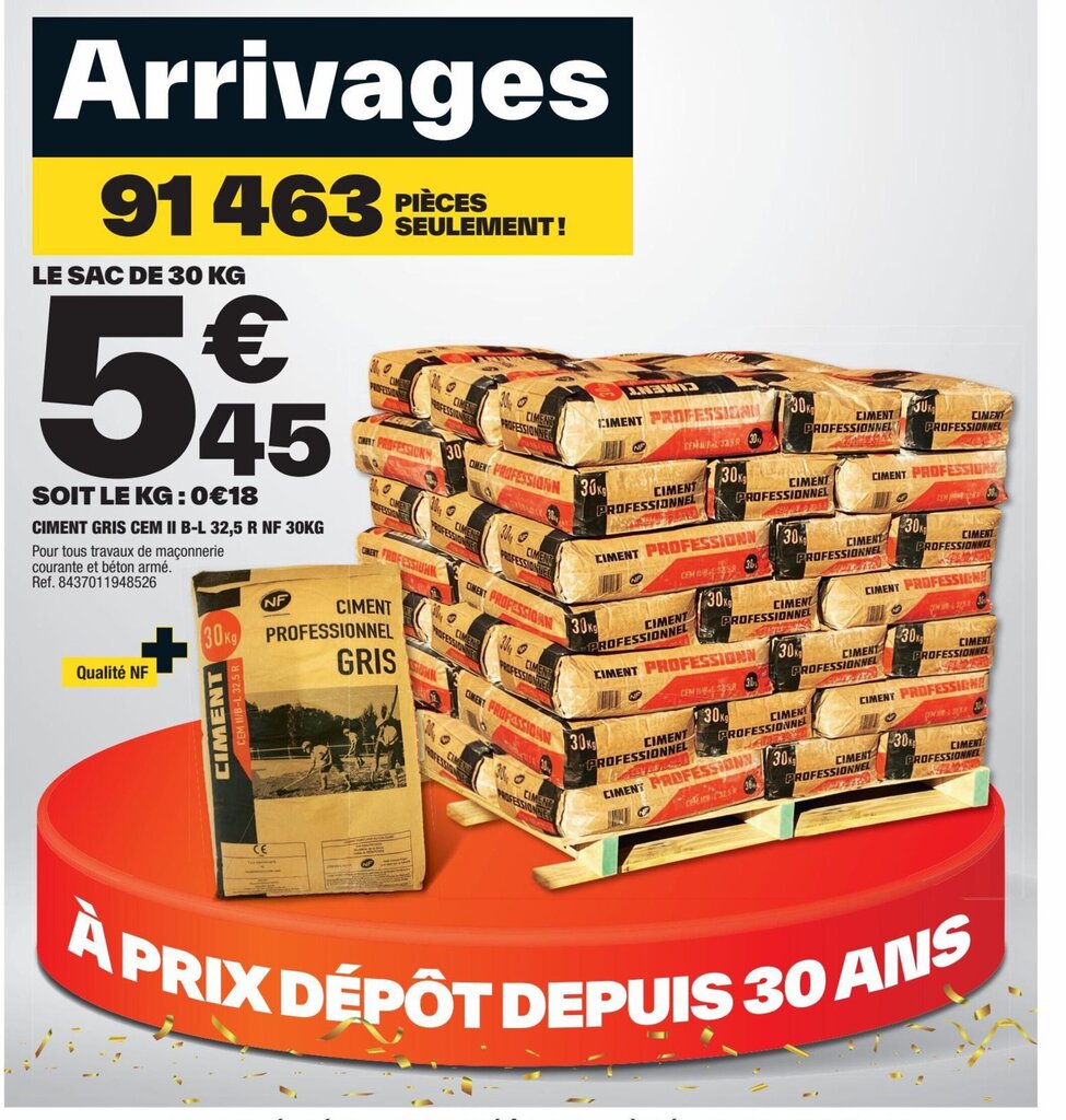 Promo CIMENT GRIS CEM II B L 32 5 R NF 30KG chez Brico Depot