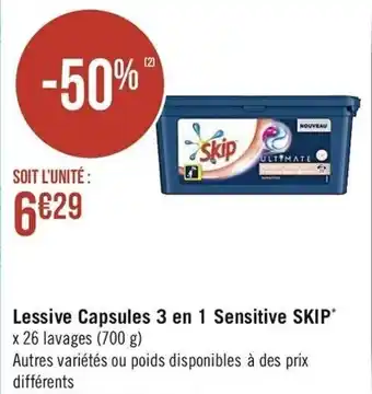 Casino Supermarchés Lessive capsules 3 en 1 sensitive skip offre