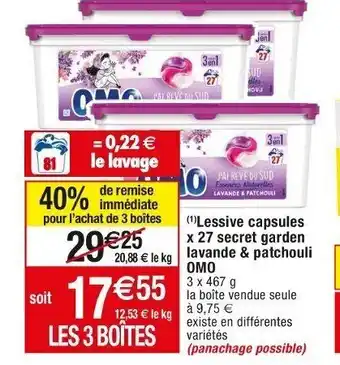 Cora x Carrefour (1)Lessive capsules x 27 secret garden lavande & patchouli OMO offre