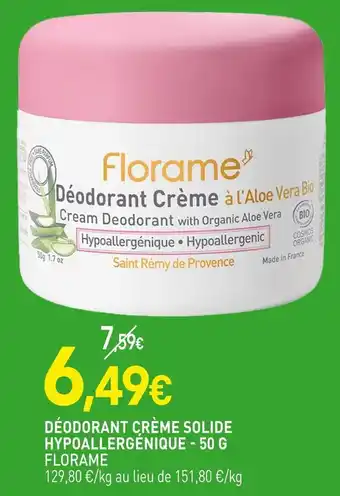 naturéO Florame déodorant crème solide hypoallergénique offre