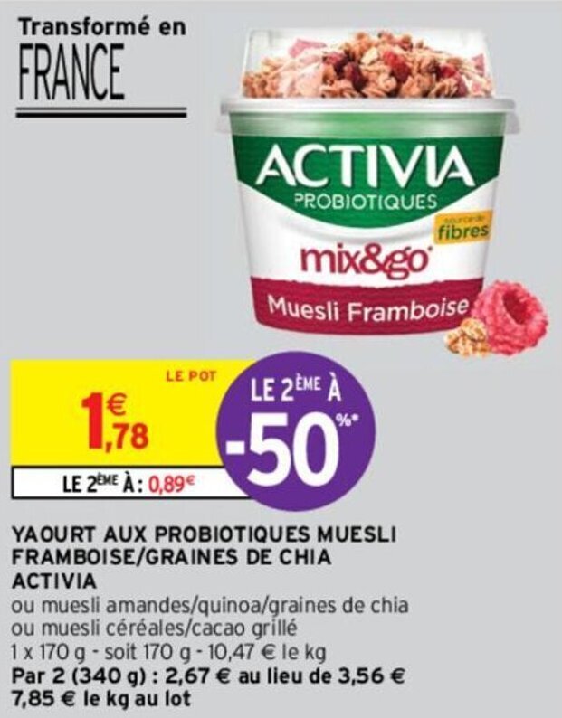 Promo YAOURT AUX PROBIOTIQUES MUESLI FRAMBOISE/GRAINES DE CHIA ACTIVIA