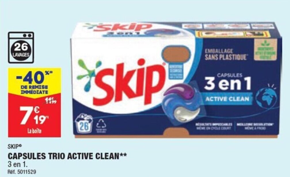 Promo SKIP CAPSULES TRIO ACTIVE CLEAN** 3 en 1. chez ALDI