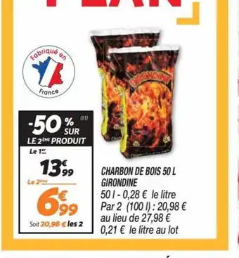 Netto CHARBON DE BOIS 50 L GIRONDINE 501-0,28 € le litre Par 2 (100 l): 20,98 € offre