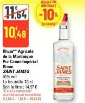 G20 Rhum** Agricole de la Martinique Pur Canne Royal Ambré SAINT JAMES offre