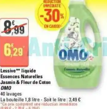 G20 Lessive** liquide Essences Naturelles Jasmin & Fleur de Coton OMO offre