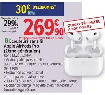 Carrefour Apple ecouteurs sans fil airpods pro (2ème génération) offre
