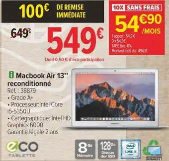 Carrefour Eco tablette macbook air 13’’ reconditionné offre