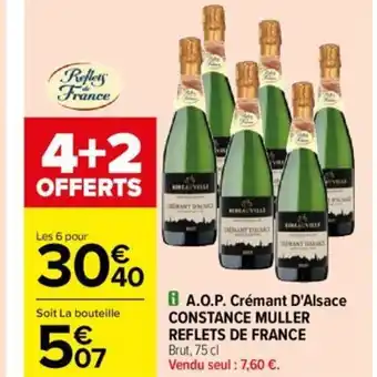 A.O.P. CrĂ©mant D'Alsace CONSTANCE MULLER REFLETS DE FRANCE Brut, 75 cl Vendu seul : 7,60 âŹ.