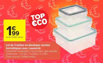 Carrefour Lot de 3 boîtes en plastique carrées hermétiques avec couvercle offre
