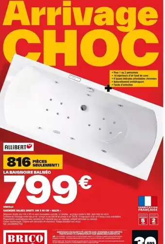 Brico Dépôt BAIGNOIRE BALNÉO DROITE 180 X 80 CM << MALYA >> offre