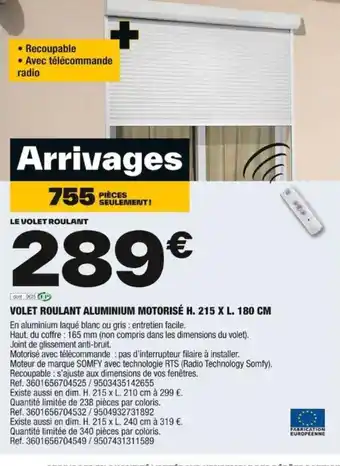 Brico Dépôt VOLET ROULANT ALUMINIUM MOTORISÉ H. 215 X L. 180 CM En aluminium laqué blanc ou gris: entretien facile. offre