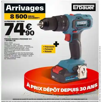 Brico Dépôt PERCEUSE VISSEUSE À PERCUSSION 18 V + BATTERIE 2 AH offre
