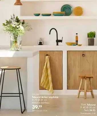 Casa Tabouret De Bar Empilable Guilia, Tabouret Teak offre