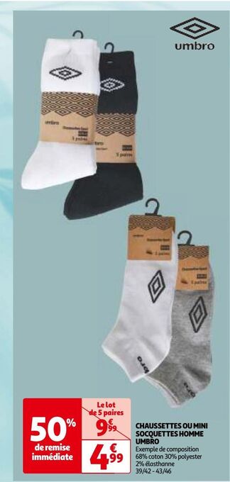 Auchan Chaussettes ou mini socquettes homme umbro offre