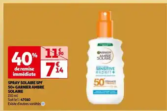 Auchan Spray solaire spf 50+ garnier ambre solaire offre