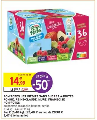 Intermarché Pom'potes pom'potes les inédits sans sucres ajoutés pomme, reine-claude, mûre, framboise offre