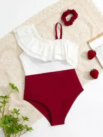 SheIn Fille maillot de bain une pièce bicolore à volants à col asymétrique & chouchou offre