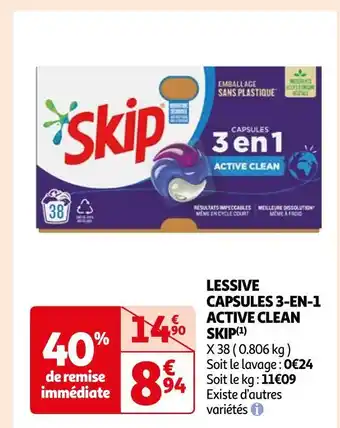 Auchan Skip lessive capsules 3-en-1 active clean (1) offre