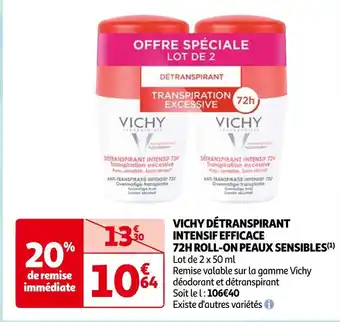 Auchan Vichy détranspirant intensif efficace 72h roll-on peaux sensibles offre