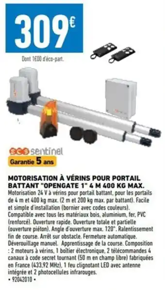 Brico Cash MOTORISATION À VÉRINS POUR PORTAIL BATTANT "OPENGATE 1" 4 M 400 KG MAX offre