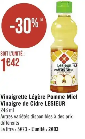 Casino Supermarchés Vinaigrette Légère Pomme Miel Vinaigre de Cidre LESIEUR 248 ml offre