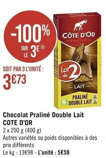 Casino Supermarchés Chocolat Praliné Double Lait CÔTE D'OR offre
