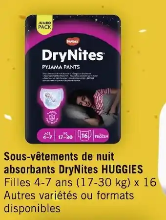 Géant Casino Sous-vêtements de nuit absorbants DryNites HUGGIES Filles 4-7 ans (17-30 kg) x 16 Autres variétés ou formats disponibles offre