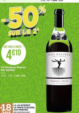 Géant Casino Vin Biologique Bergerac NOS RACINES offre