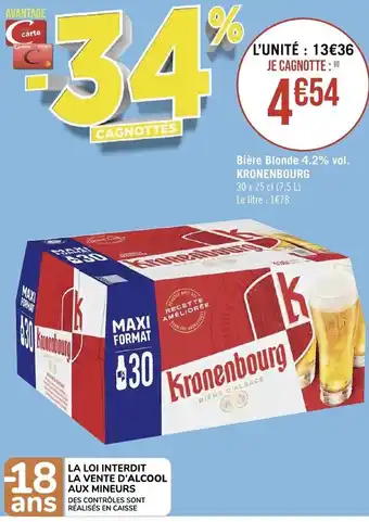 Géant Casino Bière Blonde 4.2% vol. KRONENBOURG 30 x 25 cl (7,5 L) Le litre : 1€78 offre