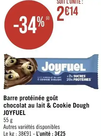 Géant Casino Barre protéinée goût chocolat au lait & Cookie Dough JOYFUEL offre