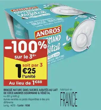 Leader Price Brassé nature sans sucres ajoutés au lait de coco andros gourmand & végétal offre