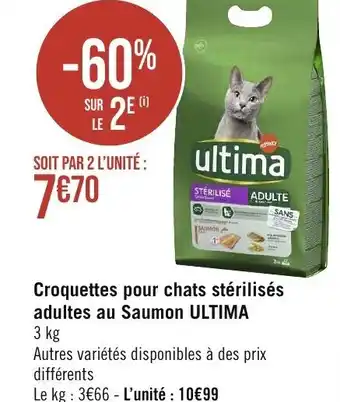 Géant Casino Croquettes pour chats stérilisés adultes au Saumon ULTIMA 3 kg offre